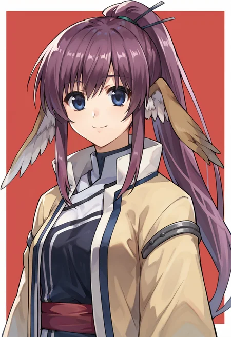 score_9,score_8_up,score_7_up,score_6_up,score_5_up,score_4_up,anime coloring BREAK source_anime,anime,<lora:Touka_Utawarerumono_Pony:0.8>,touka,1girl,solo,bird ears,blue eyes,purple hair,long hair,ponytail,japanese clothes,blue pants,red sash,beige coat,smile,multicolored background,looking at viewer,portrait,upper body,looking at viewer,