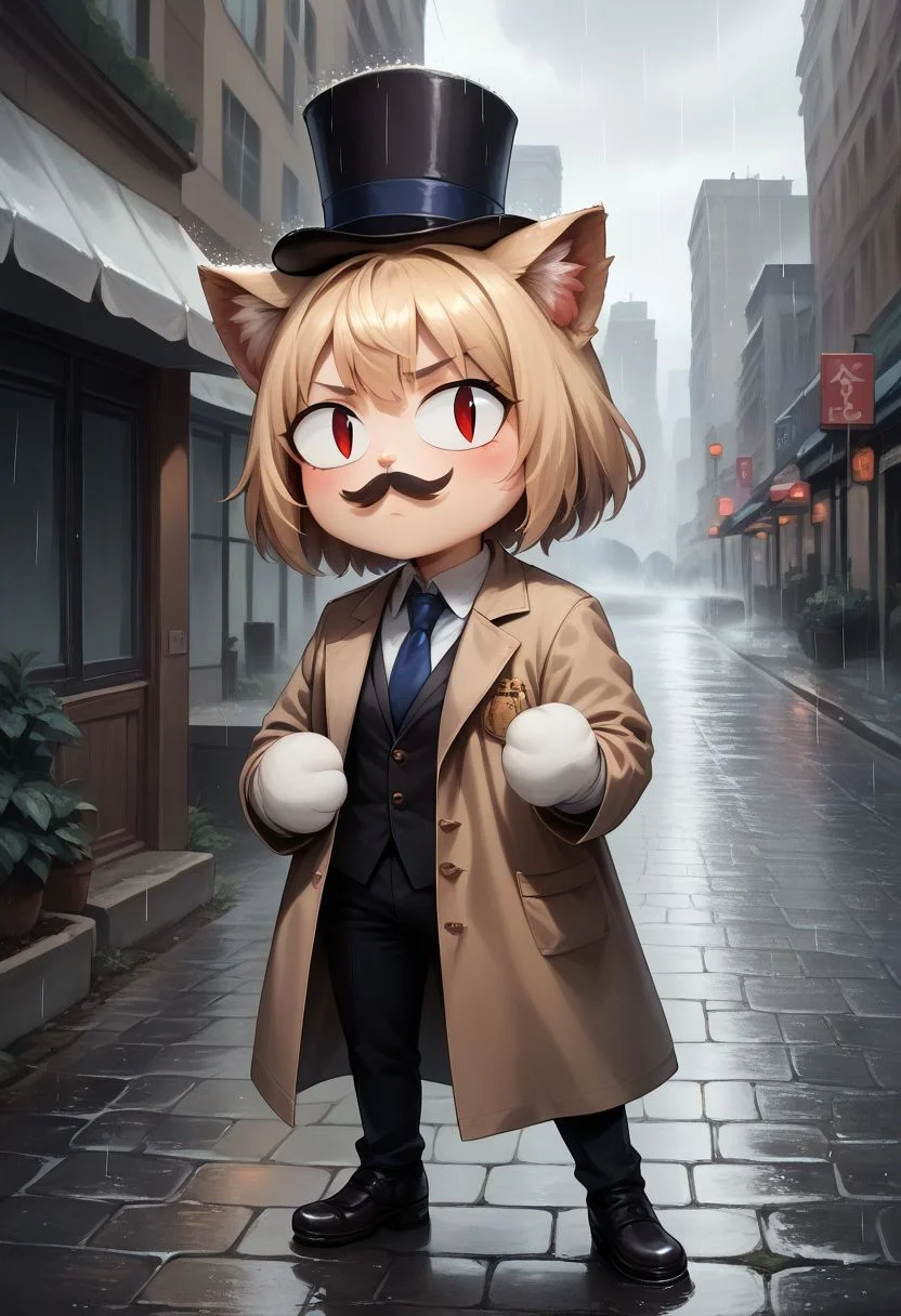 score_9, score_8_up, score_7_up,score_6_up,source_photorealistic,photorealism,professional cinematography,high quality lighting,film grain,blonde hair,skindentation,chibi, 1girl,red eyes, slit pupils, cat ears, :3,solo,necoarc,top hat,moustache,trench coat,outdoors,rainy,rain,city,cobblestone street,gloomy,brick buildings