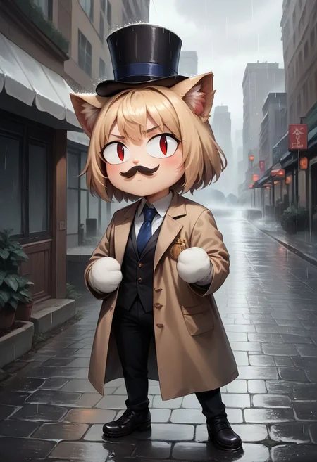 score_9, score_8_up, score_7_up,score_6_up,source_photorealistic,photorealism,professional cinematography,high quality lighting,film grain,blonde hair,skindentation,chibi, 1girl,red eyes, slit pupils, cat ears, :3,solo,necoarc,top hat,moustache,trench coat,outdoors,rainy,rain,city,cobblestone street,gloomy,brick buildings