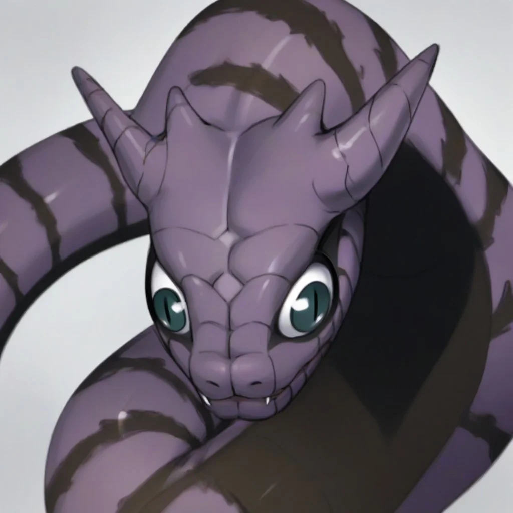 score_9, score_8_up, score_7_up, source_cartoon, cel shading, fca style, Naruto_Manda, snake, slit pupils, green eyes, purple body, body markings, black eye markings, 2 pair of horns, black belly scales,
googly eyes