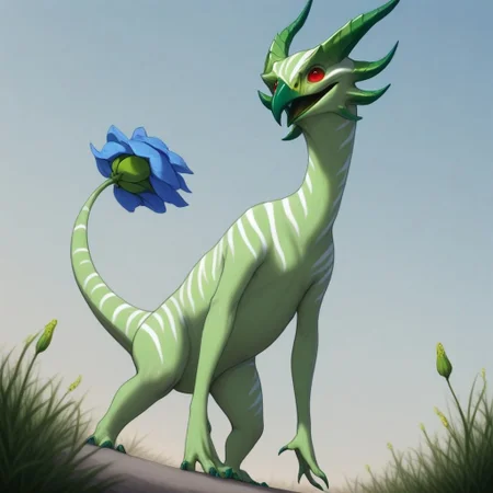 Rating: safe, masterpiece, best quality, amazing quality, highres, absurdres, Gaula, 1animal, sharp beak, blue tail tip, flower bud tail, green horns, horns pointing forward, light green skin, variegated white stripes, short neck, raschen,
low angle,