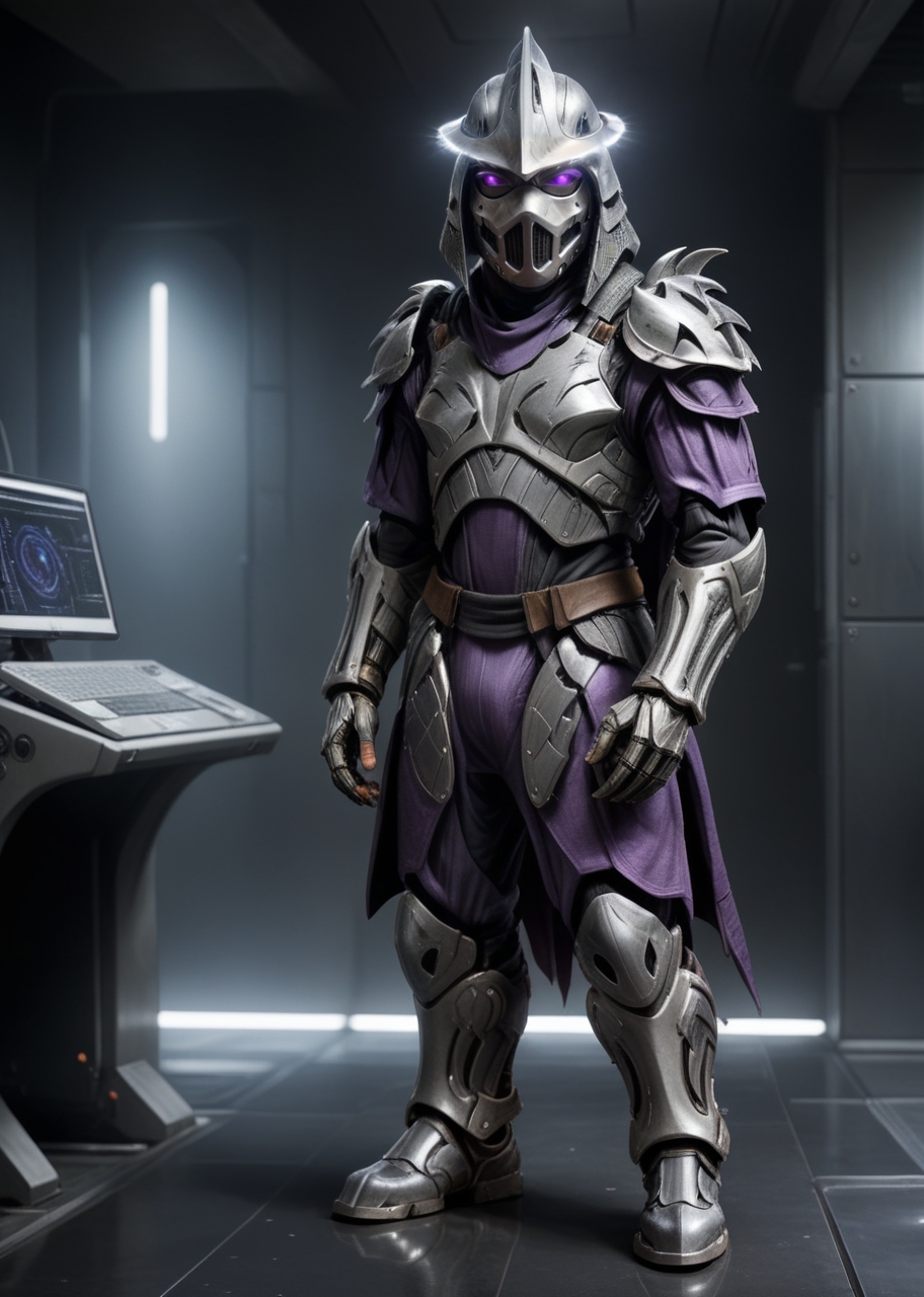 ((full body shot :1.3)), a highres photo of a TMNTShredder 1man armored samurai knight, wearing a futuristic full armor purple outfit with pauldrons and futuristic metal samurai helmet with mask and armored boots, his helmet has a dark visor hiding his eyes, standing on futuristic metal floors in a futuristic facility filled with computers and futuristic machines, <lora:90s_TMNT_Shredder_SDXL:0.75> <lora:compb0t:1>