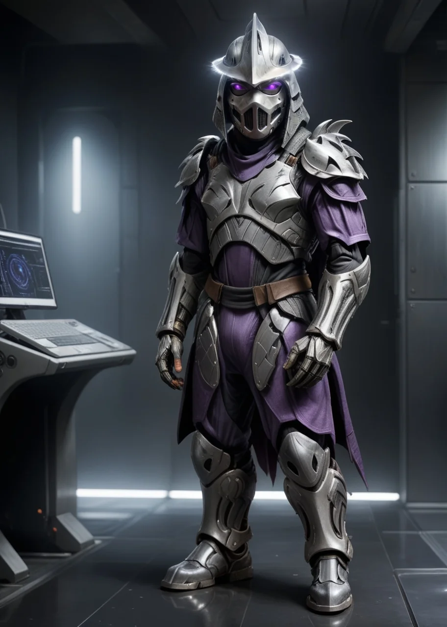 ((full body shot :1.3)), a highres photo of a TMNTShredder 1man armored samurai knight, wearing a futuristic full armor purple outfit with pauldrons and futuristic metal samurai helmet with mask and armored boots, his helmet has a dark visor hiding his eyes, standing on futuristic metal floors in a futuristic facility filled with computers and futuristic machines, <lora:90s_TMNT_Shredder_SDXL:0.75> <lora:compb0t:1>