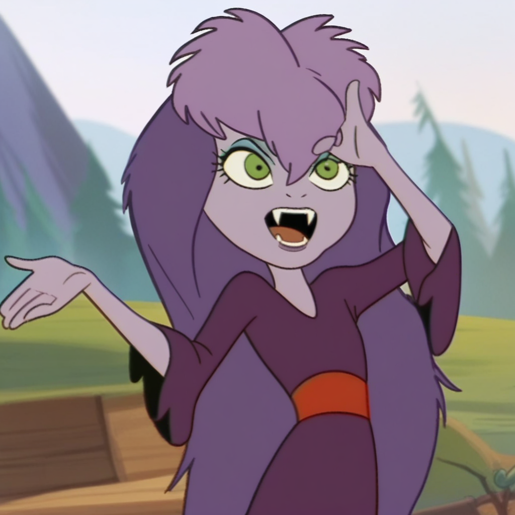 score_9, solo, Sibella, purple hair, long hair, green eyes, dress, fangs, outdoors