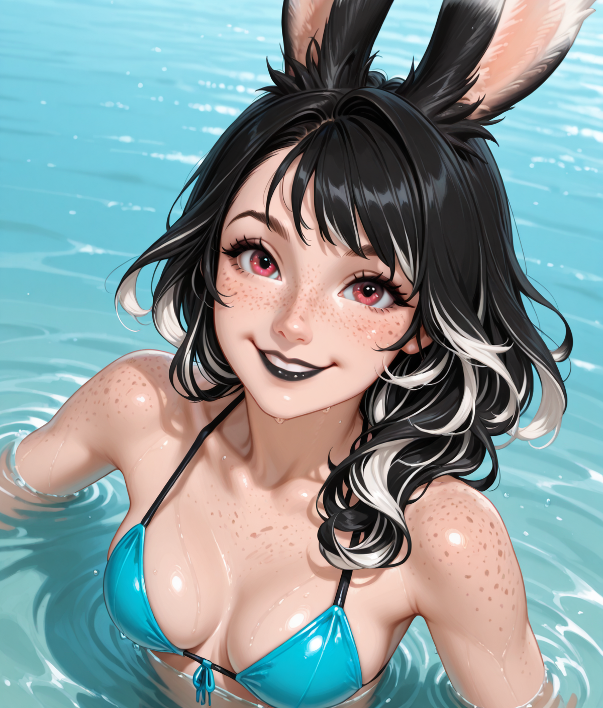 freckles,  <lora:Silvia_Illustrious-000005:0.9>silvia, 1girl, black hair, white hair, multicolored hair, viera, rabbit ears, sensual, black lipstick, swimsuit, water, in water, swimming, happy, smile, joy