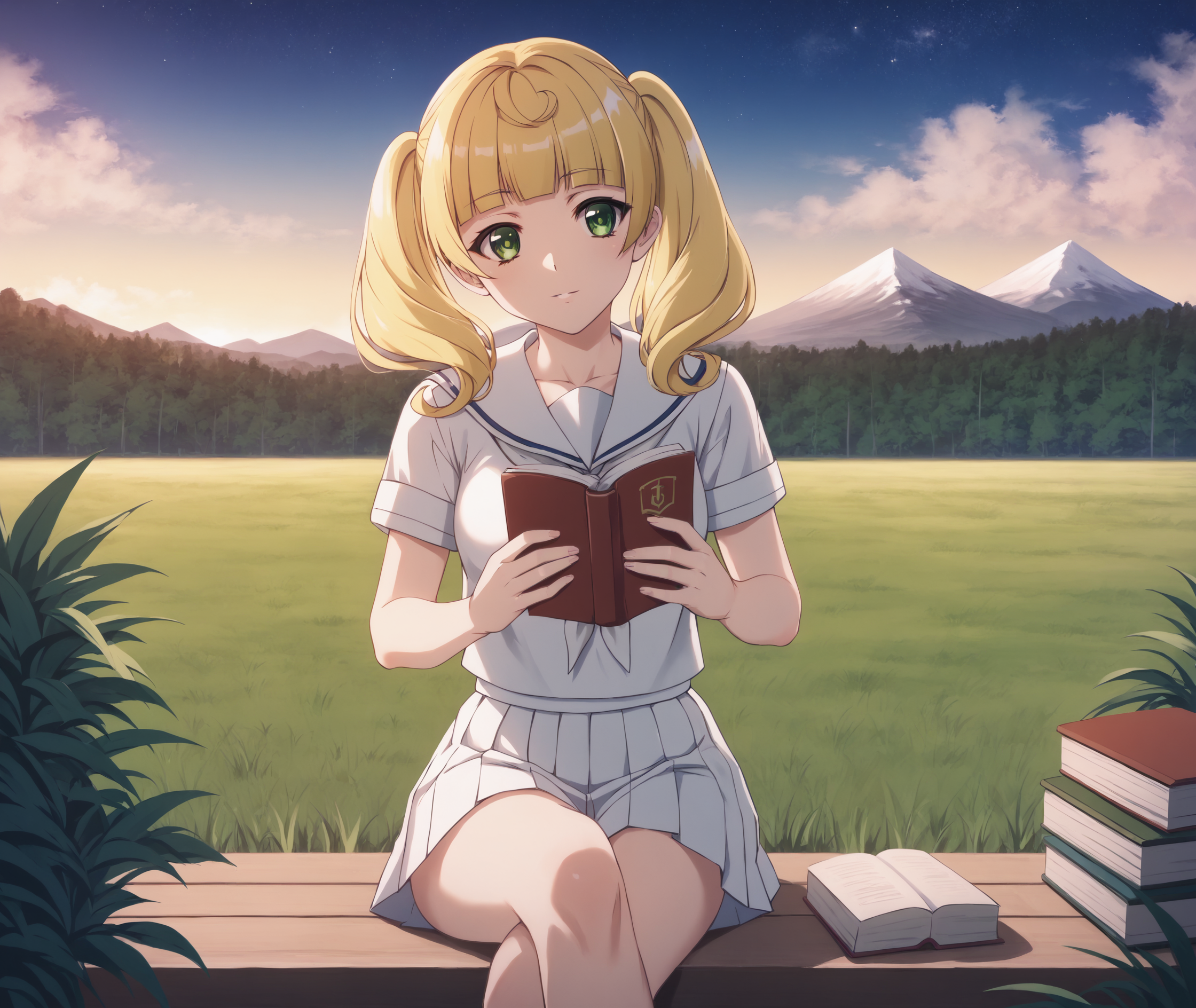 score_9, score_8_up, score_7_up, highres, hi res, best quality, masterpiece, 2d, intricate details, 4k, anime coloring,
1girl, solo, female, solo focus, blonde hair, twintails, green eyes, blunt bangs, sidelocks,
breasts, medium breasts, small breasts,
school uniform, serafuku, sailor collar, white sailor collar, white shirt, white skirt, white neckerchief, neckerchief, 
sitting, crossed legs, leaning forward, cowboy shot, head tilt, looking up, looking at another, holding, holding book, open book, book, reading, 
outdoors, on grass, field, depth of field, mountain, horizon, outdoors, forest, field, night, sky, night sky, star \(sky\), starry sky, <lora:Yuzu1024_Pony:1>, ren'ai boukun, kichougasaki yuzu,