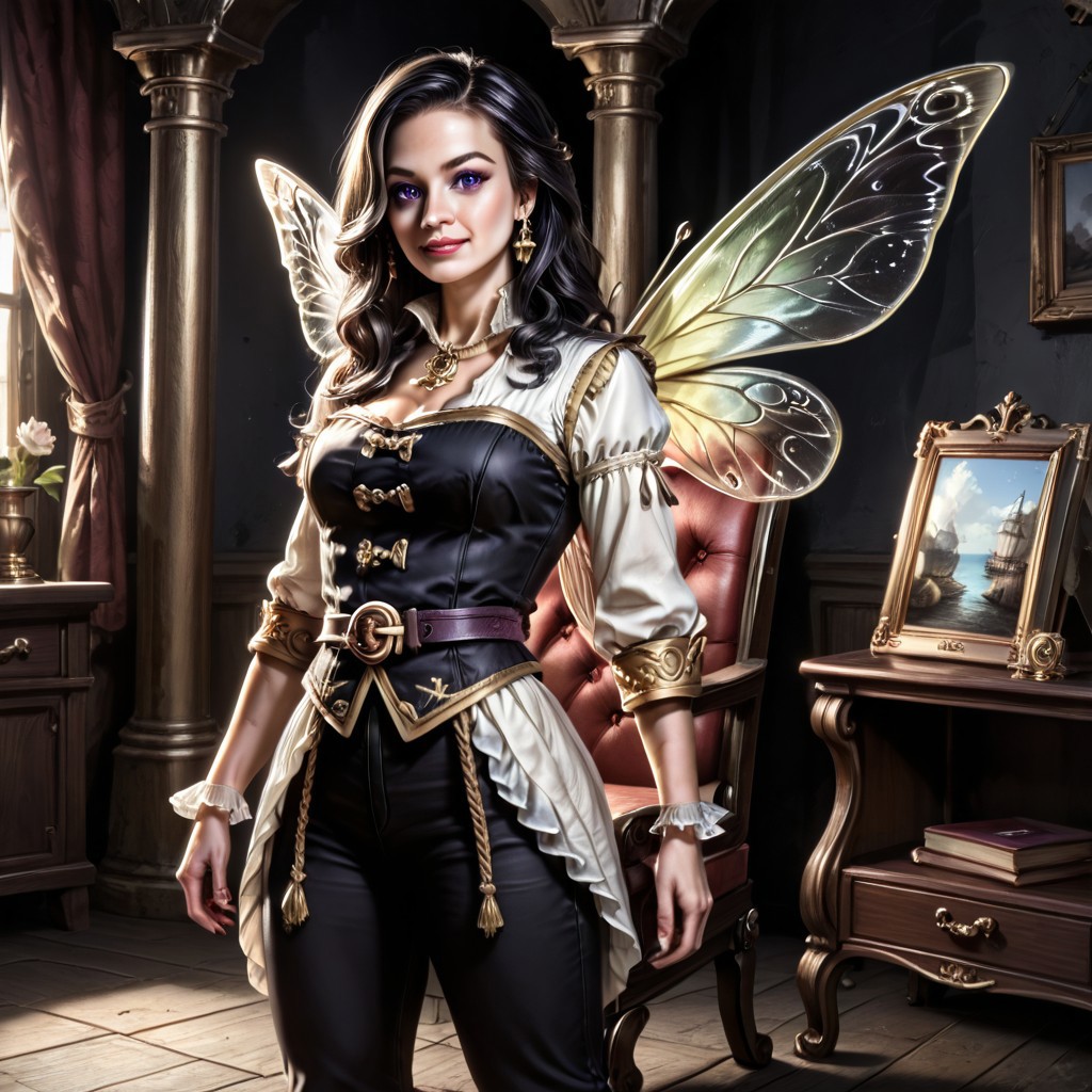 Action scene, Photo realistic, hyper realistic, score_9, rating_safe, solo (arch fey woman, (beautiful detailed face), (violet eyes), (bronze metallic gold skin ral-polishedsteel), (pirate, white blouse, black pants, gloves), (fairy wings), (long black hair), (thick thighs | large muscles), (sword belt)), standing next to a throne, in a detailed throne room, hi res, hi quality, 4k, realism