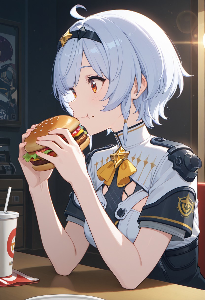 masterpiece, best quality, 4k, expressive eyes, perfect face, high detail, bloom, lens flare, godrays, post processing, cinematic lighting, volumetric lighting, 1girl, Anby Soldier 0, solo, white hair, hair-band, star hair-band decoration, side ahoge, short hair, orange eyes,detailed eyes,combat suit, high collar, star brooch, chest mesh, short sleeves, happy, Sitting, chair, holding food, burger, eating, side view, indoors, burger store