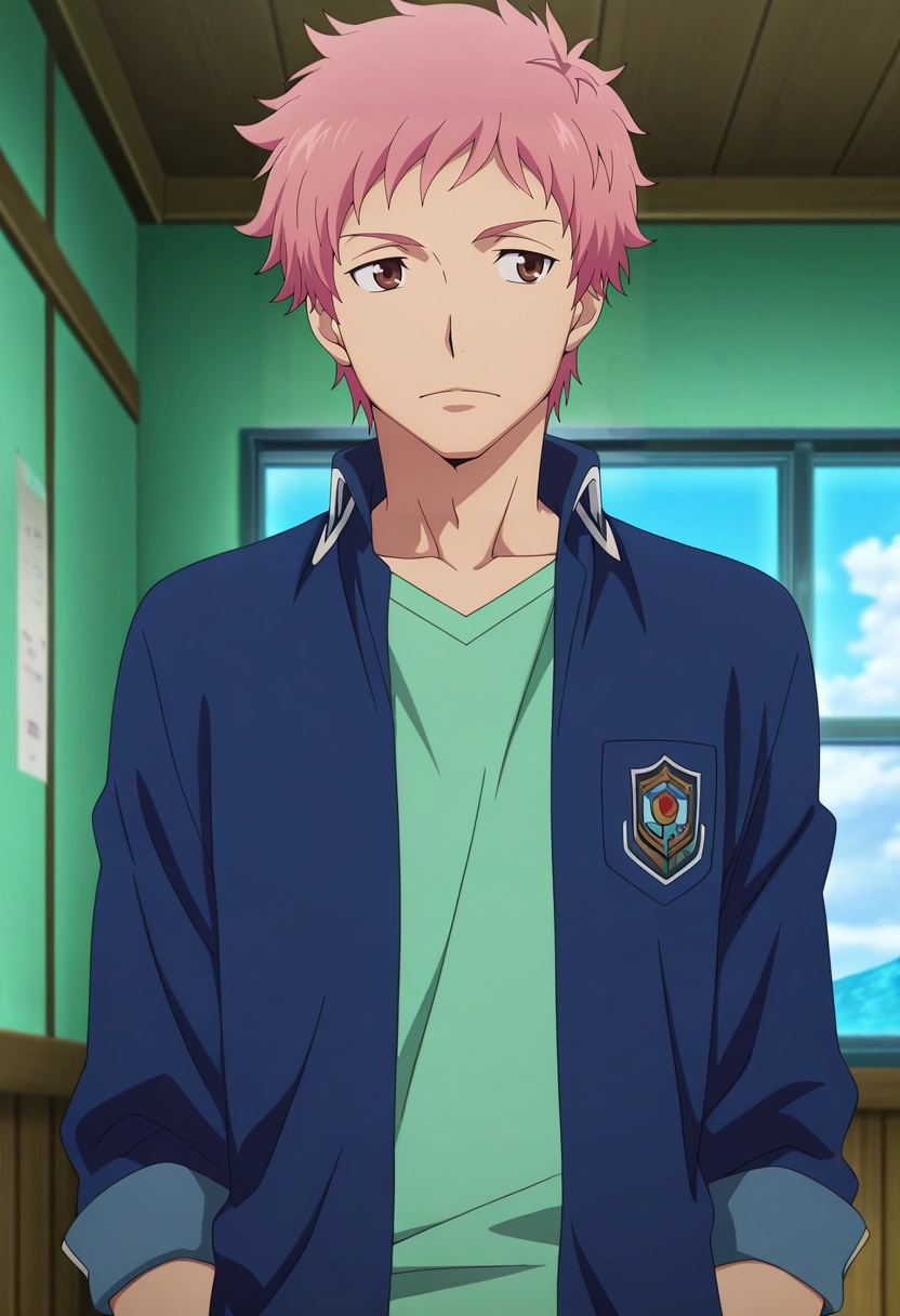 masterpiece, best quality, , anime screencap, anime coloring, official style, , 1boy, solo, male focus, <lora:renzou_shima_ilxl:0.96>, renzou_shima, pink hair, brown eyes, short hair, ,