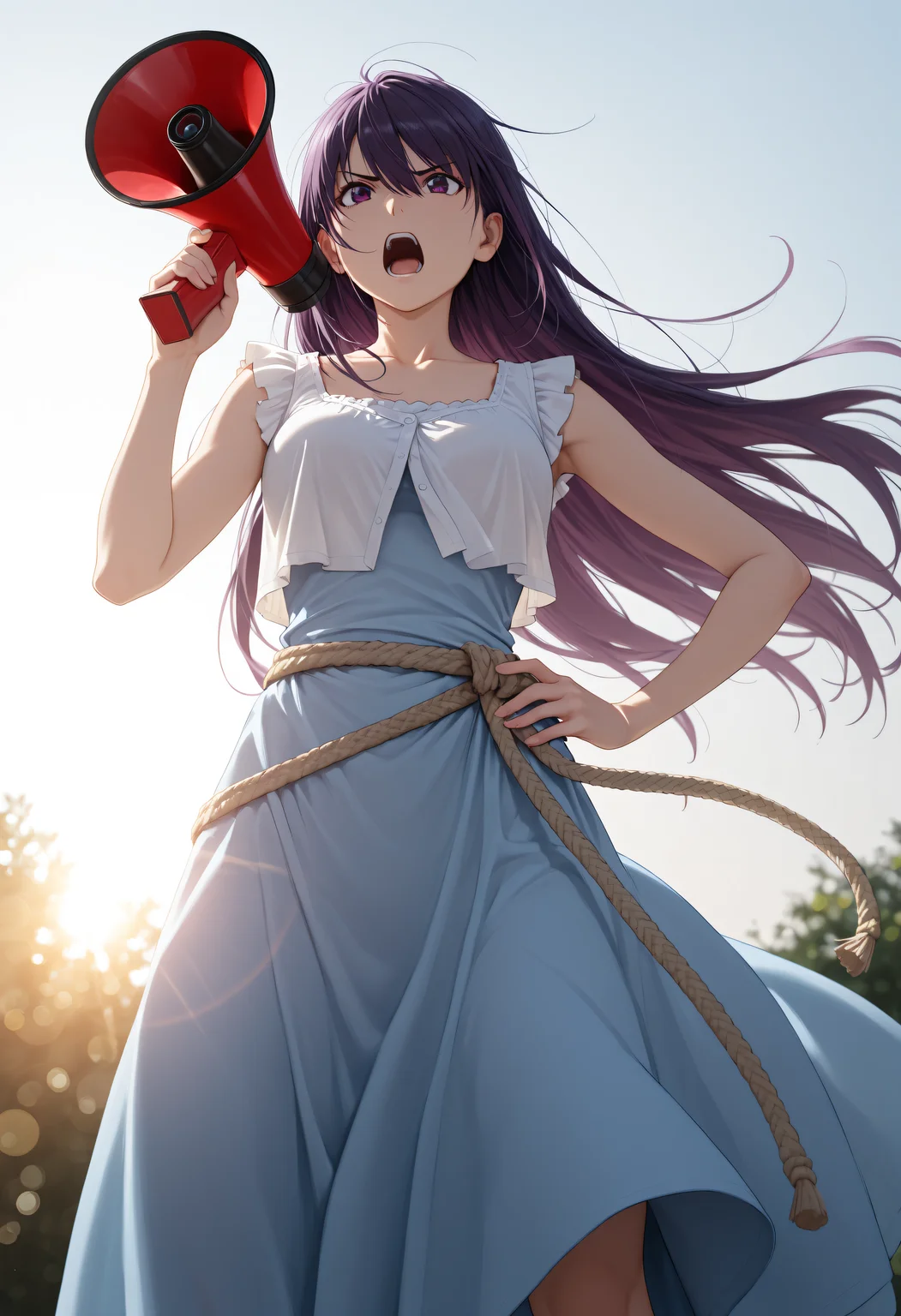 <lora:Char_SakakiYumiko:1>, purple hair, long hair, straight hair, purple eyes, hair between eyes, hair behind ears,
solo,Yum1R0b3, collarbone, long dress, light blue dress, sleeveless, waist rope, rope belt, white shirt, frilled shirt, cropped shirt, dress under shirt,
holding megaphone, shouting, backlighting, outdoor, standing, spread legs, hand on own hip, wind, from below, sunlight, bokeh, very awa, masterpiece, best quality, highres, absurdres
