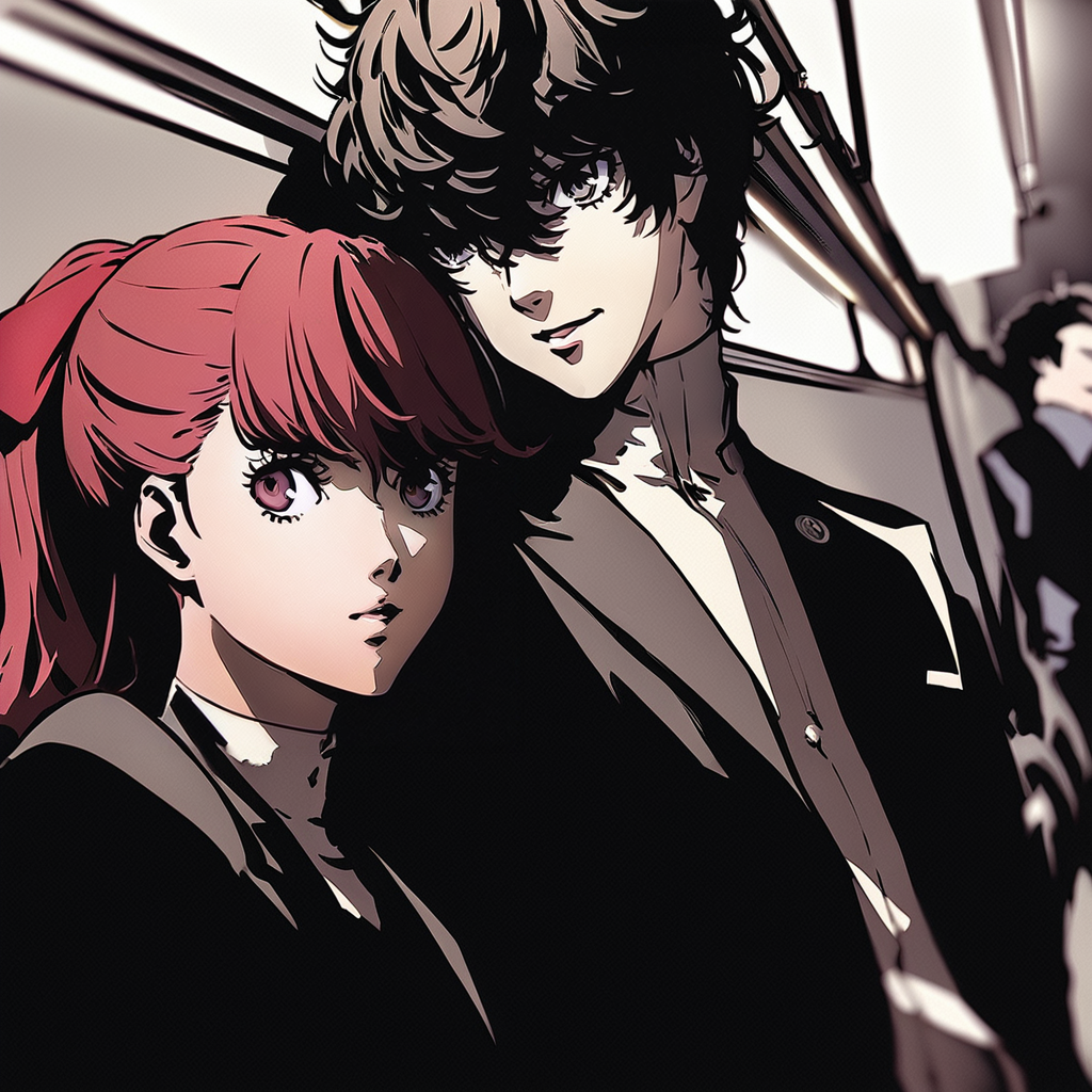 1girl, yoshizawa kasumi, 1boy, amamiya ren, on subway, side light, soejima shigenori, persona, masterpiece, best quality, latest, newest <lora:persona_xl_delta_rev1_3:1>