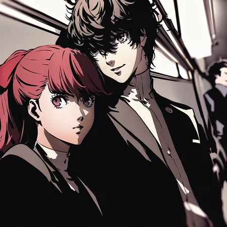 1girl, yoshizawa kasumi, 1boy, amamiya ren, on subway, side light, soejima shigenori, persona, masterpiece, best quality, latest, newest <lora:persona_xl_delta_rev1_3:1>