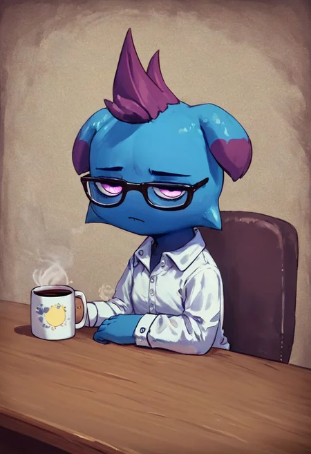 score_9, score_8_up, score_7_up, score_6_up, score_5_up, score_4_up, best quality, highres, detailed background, office BREAK
<lora:Depresso:1> depresso, blue body, purple eyes, looking aside, eye bags, tired, bored, dress shirt, white shirt, glasses, table, sitting, coffee mug
