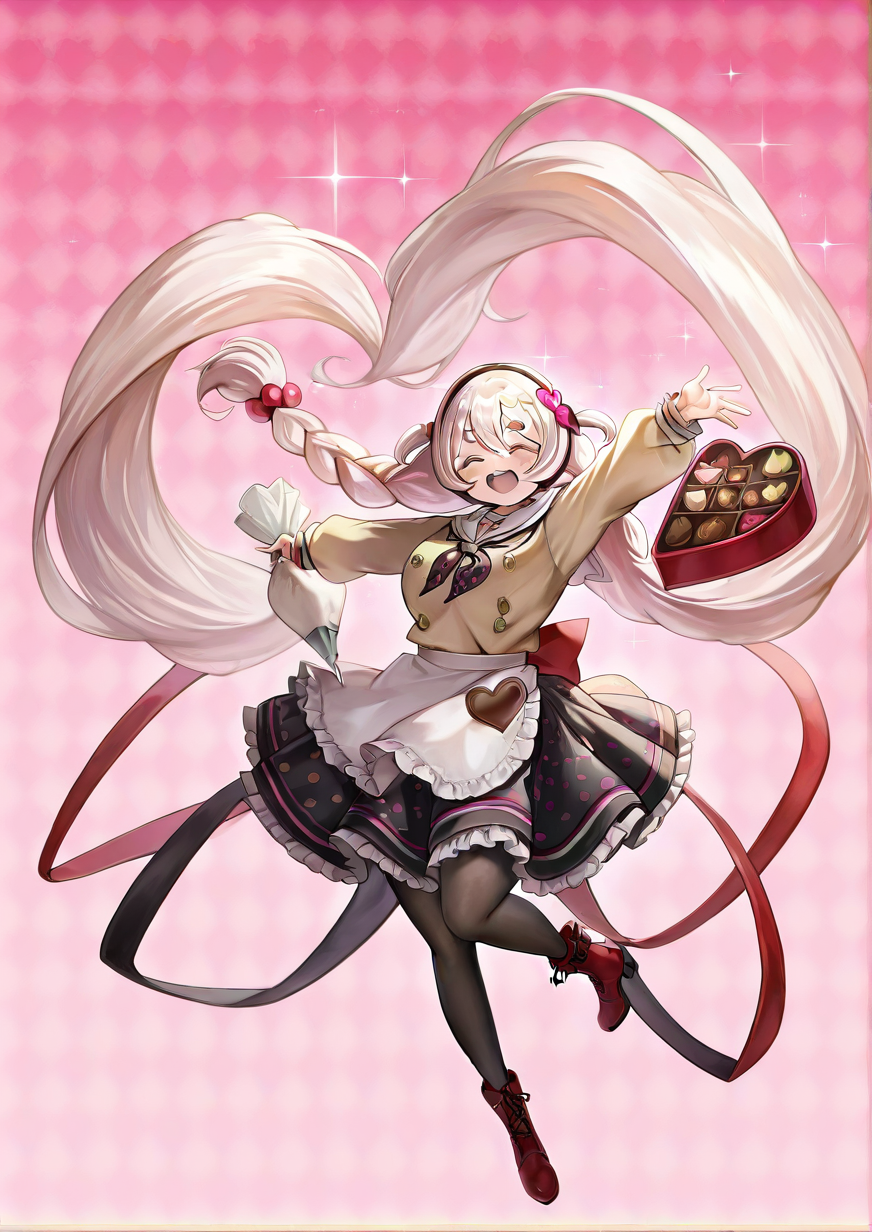 <lora:ren:1>,1girl, momoe nagisa, momoe nagisa (valentine ver.), detailed background, huge breasts, wide hips, :>, ^_^, ankle boots, apron, argyle, argyle background, beige shirt, black neckerchief, black pantyhose, black skirt, boots, braid, candy, child, chocolate, chocolate hair ornament, closed eyes, dot nose, floating hair, food, frilled skirt, frilled sleeves, frills, full body, gradient background, hair between eyes, hair bobbles, hair ornament, happy, heart, heart-shaped chocolate, heart hair ornament, laughing, light blush, long sleeves, magical girl, multicolored clothes, multicolored skirt, neckerchief, official alternate costume, official alternate hairstyle, open mouth, outstretched arms, pantyhose, pastry bag, pink background, polka dot, polka dot neckerchief, polka dot skirt, red footwear, red ribbon, ribbon, sidelocks, skirt, solo, soul gem, sparkle, standing, standing on one leg, tareme, twin braids, waist apron, white apron, white hair, 
very awa, masterpiece, best quality, highres, absurdes,amazing quality