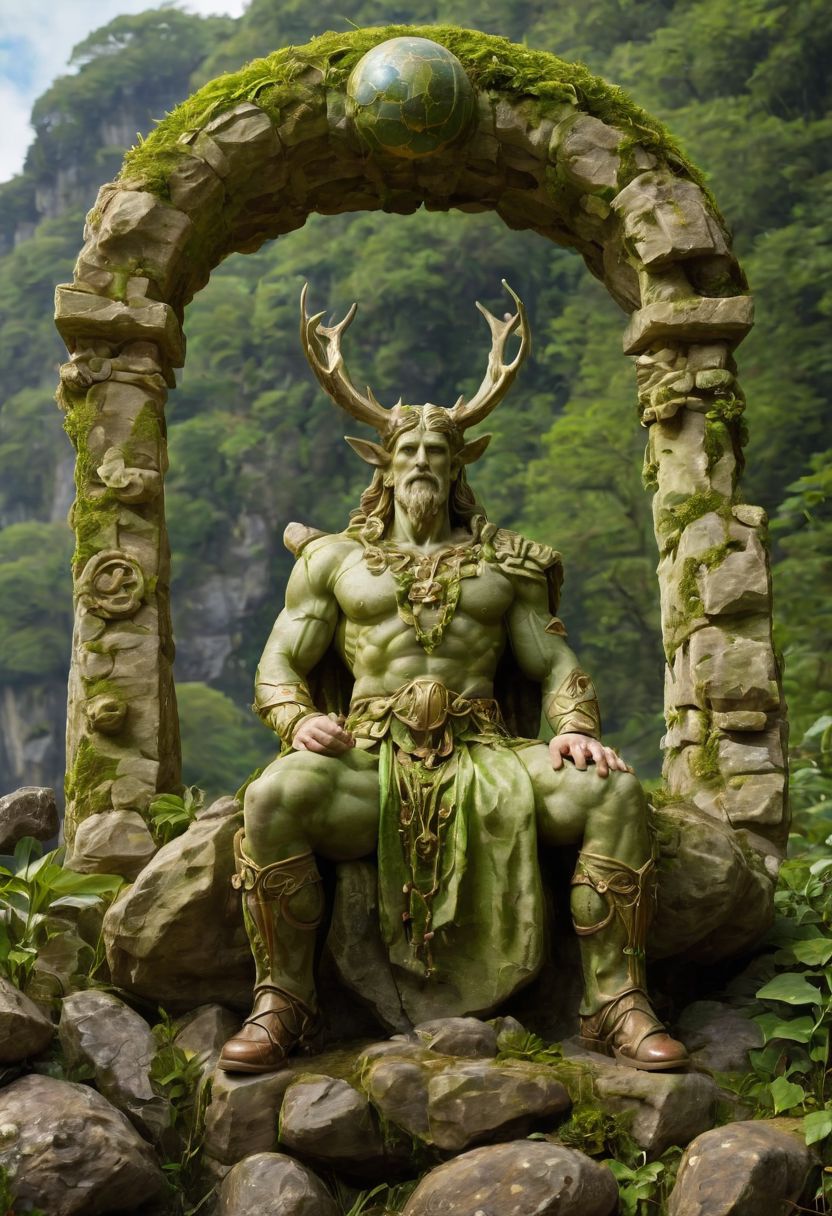 professional photograph, of Cernunnos (the living antlered green god of earth) clothed in moss, resting on a solid_rock henge_arch with a huge hammer and a globe, realisticvision-negative-embedding, epiCRealism