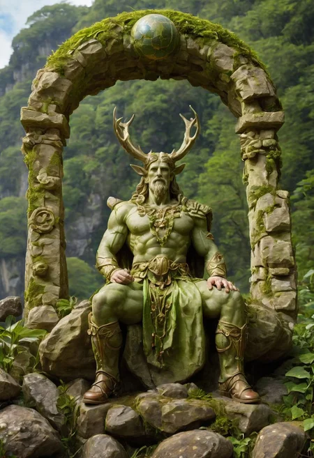 professional photograph, of Cernunnos (the living antlered green god of earth) clothed in moss, resting on a solid_rock henge_arch with a huge hammer and a globe, realisticvision-negative-embedding, epiCRealism
