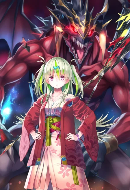 masterpiece, best quality, highres, 1fighiting girl, weapon, monster , isuzuosm, red yukata, medium breasts, cowboy shot, green hair, long hair, red eyes<lora:isuzuosm_IL_XL_V1:1>