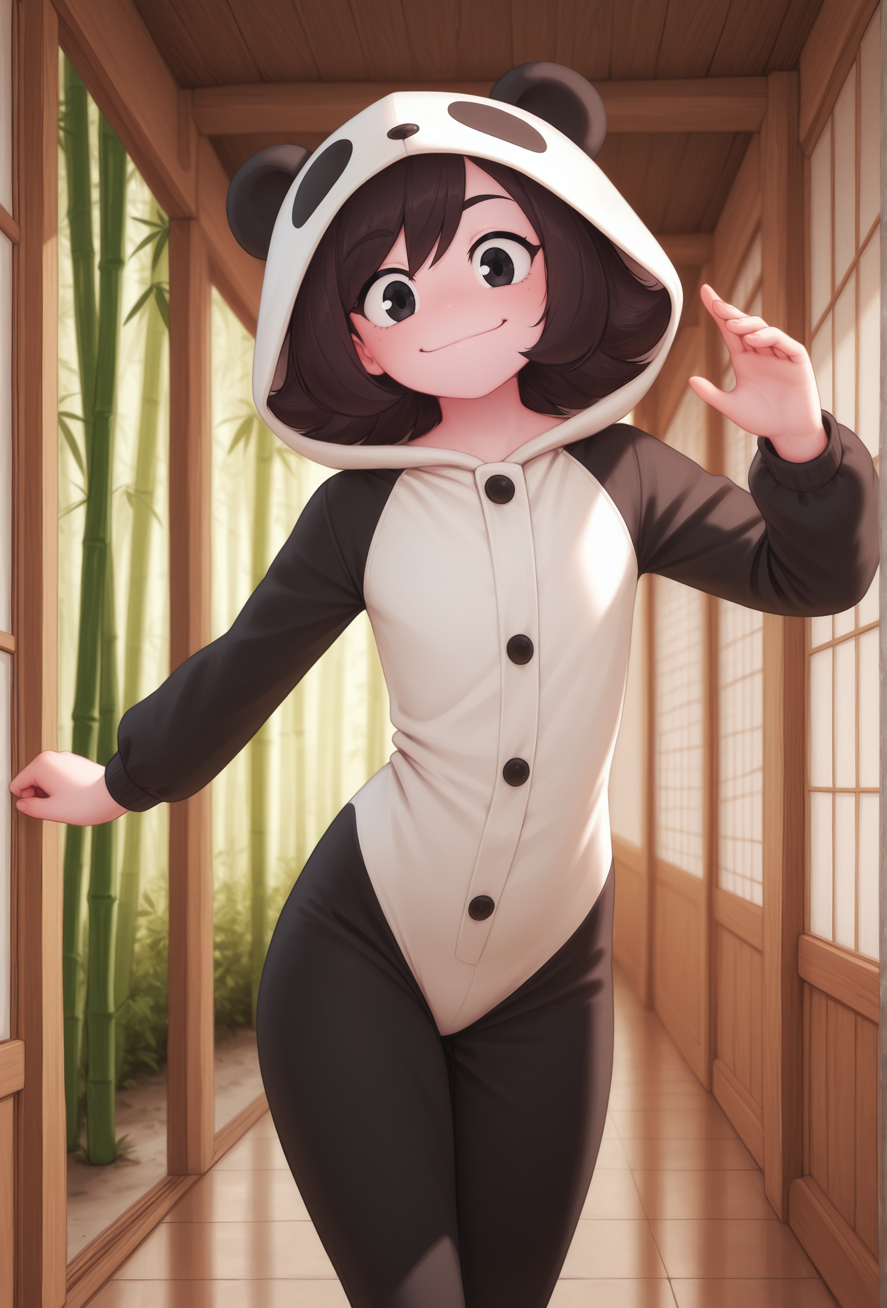 masterpiece,best quality,amazing quality, masterpiece,best quality,amazing quality, <lora:marigold_cabronpr_illustrious_v1f:0.65> marigold, 1girl, solo, hairbow, no nose, black eyes, looking at viewer, smile BREAK
panda costume, panda hood, depth of field, detailed background, bamboo forest, hallway, dynamic pose, <lora:personalami_style_illustrious_v1f:1> pamistyle