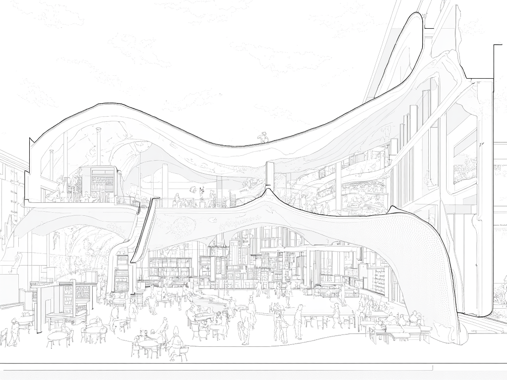 A sectional perspective drawing of a library with a dynamic, vivid interior scene. Several people are sitting and walking in the living area. The library features multiple levels, with interconnected spaces unified by curved structural elements. A large, open central atrium connects the floors visually and physically, with a sweeping ramp spiraling up to provide circulation. The architecture emphasizes fluid forms, with arches and vault-like elements supporting the floors and creating a sense of openness. The structural members appear light yet dynamic, contributing to an elegant aesthetic. The ground floor includes spaces with tables and chairs, suggesting areas for study or collaboration. The upper levels seem dedicated to reading areas and book storage, with shelves integrated into the walls. The perspective hints at a lively atmosphere, where people are reading, walking, or interacting within the space. The design prioritizes visibility and accessibility, encouraging community engagement and exploration. Large, open spaces suggest ample natural light, with potential for skylights or transparent facades. The interplay of light and shadow across the curved elements adds depth and dimension to the environment.,lineartSectionPerspectiveDrawing,lineartSectionPerspectiveDrawing