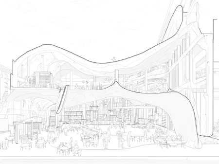 A sectional perspective drawing of a library with a dynamic, vivid interior scene. Several people are sitting and walking in the living area. The library features multiple levels, with interconnected spaces unified by curved structural elements. A large, open central atrium connects the floors visually and physically, with a sweeping ramp spiraling up to provide circulation. The architecture emphasizes fluid forms, with arches and vault-like elements supporting the floors and creating a sense of openness. The structural members appear light yet dynamic, contributing to an elegant aesthetic. The ground floor includes spaces with tables and chairs, suggesting areas for study or collaboration. The upper levels seem dedicated to reading areas and book storage, with shelves integrated into the walls. The perspective hints at a lively atmosphere, where people are reading, walking, or interacting within the space. The design prioritizes visibility and accessibility, encouraging community engagement and exploration. Large, open spaces suggest ample natural light, with potential for skylights or transparent facades. The interplay of light and shadow across the curved elements adds depth and dimension to the environment.,lineartSectionPerspectiveDrawing,lineartSectionPerspectiveDrawing