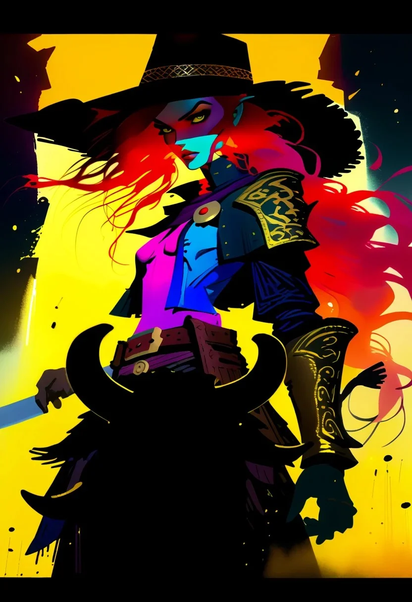score_9, score_8_up, score_8_up, ((Cinematic composition)),((masterpiece)), (resplendent highlighting), 8k. Photorealistic
1girl, (full body). A beautiful hulking orc cowgirl (ribbons of glowing light swirl around her) stands by her horse. (Cowboy hat) cowboy boots, battle axe. (camera angle from below). ((full body)). (resplendent spotlight on her face). Ominous chaotic atmosphere.
Double exposure.
Ink, Charcoal and colourful oil pastels. impressionistic. faded watercolours (Klimt :1.2) dadaistic collage (by Bill Sienkiewicz:1.5), strikingly alluring face. brilliant spotlight effect. Vibrant thick dripping paint. Intense detail, realistic, dynamic shadows and contrasts. Matte and faded background colours.
surreal, intense colors, liquid, unreal parts, alluring, fluid, perfection, gothic. (Luminous skin dynamically spotlighted), Illustration, (klimt:0.8) (Bill Sienkiewicz:1.5). maximum detail, Chinese watercolor and ink technique. Gold leaf highlights.
<lora:xl_more_art-full_v1:0.4> <lora:epi_noiseoffset2:1>3