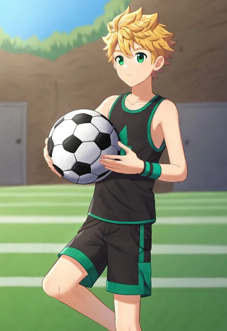 connor, blonde hair, bangs. spiky hair, short hair, green eyes, camp buddy, boy, solo, young man, 18 years old, medium build body, wear black tank top, wear black shorts, outdoor, sunny day, clear sky, standing, (holding one soccer ball:1.20)