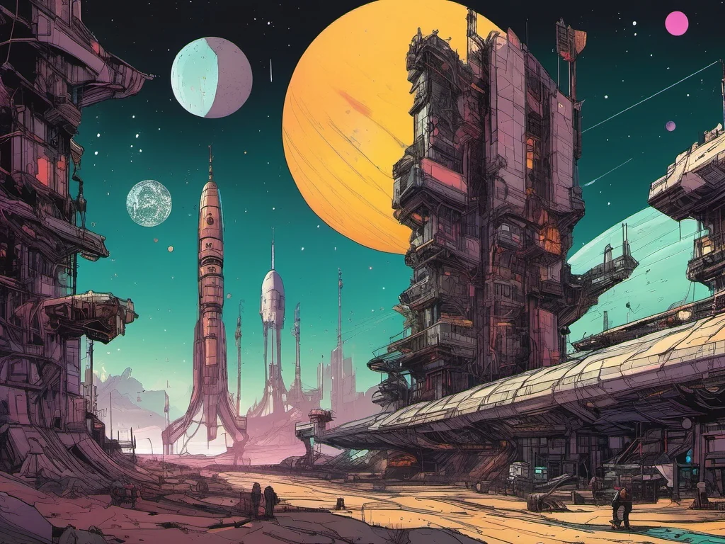 inkpunk style IPXColor illustration of a large interstellar spaceport <lora:IPXL_v2:0.55>