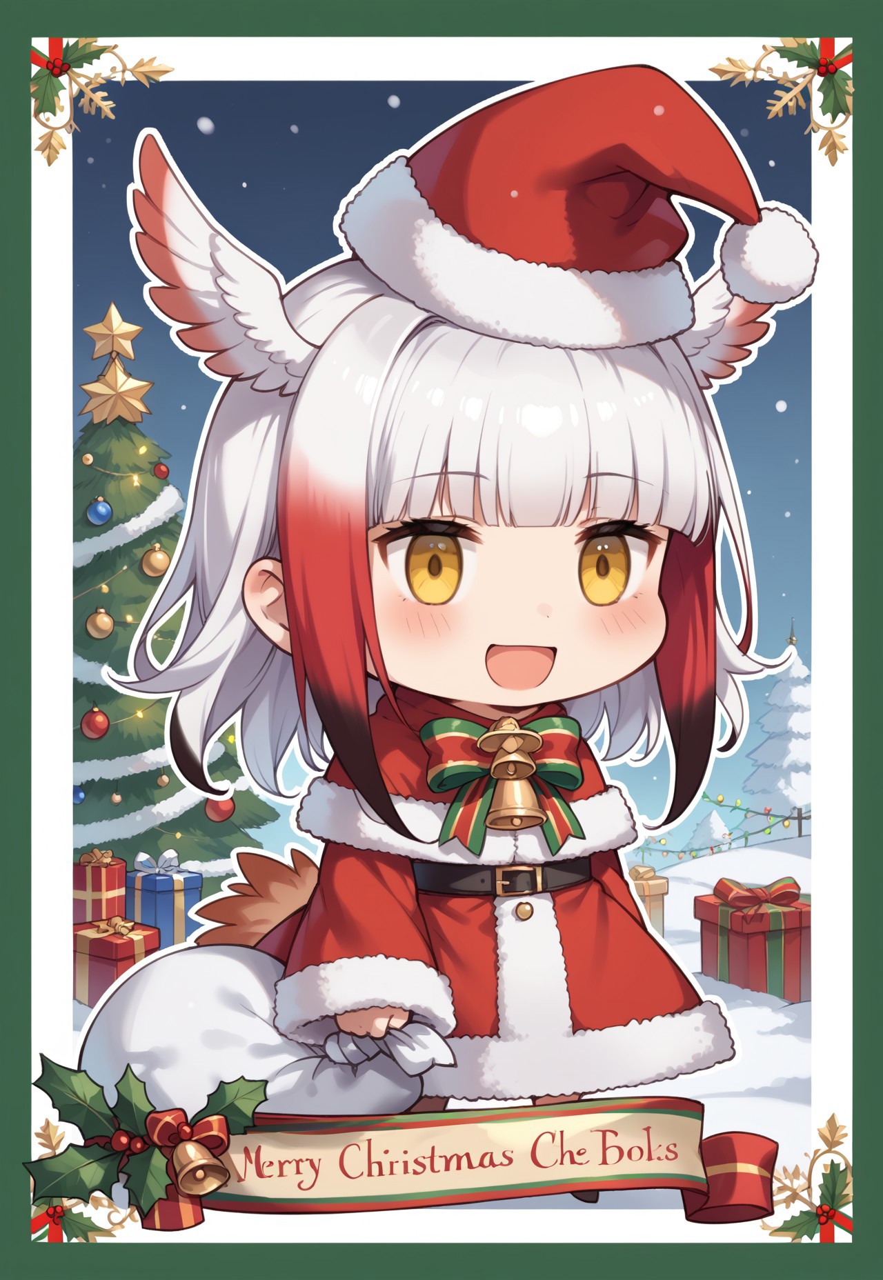 score_9, score_8_up, score_7_up, masterpiece, best quality, zzPadoru, blush, smile, open mouth, meme, holding sack, santa hat, dress, 1girl, solo, japanese crested ibis (kemono friends), head wings, multicolored hair, two-tone hair, white hair, red hair, long hair, blunt bangs, bangs, sidelocks, yellow eyes, bird tail, tail, long sleeves, wide sleeves, chibi, snow, Christmas tree, Christmas lights, Christmas border, red and green border, Christmas wreath border, presents, Christmas_card_outline