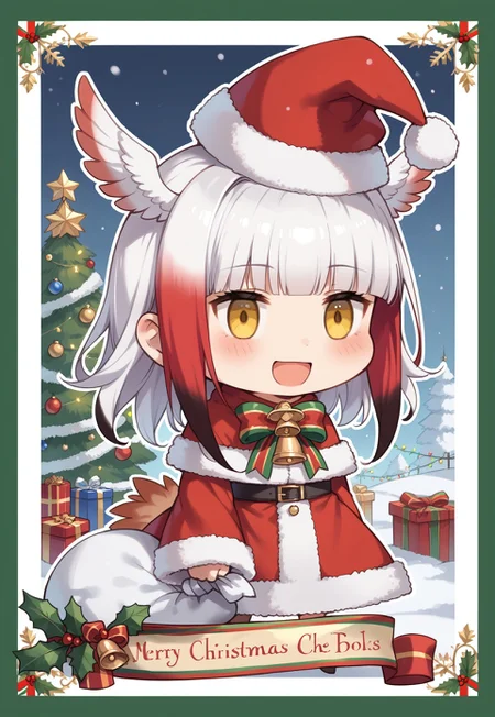 score_9, score_8_up, score_7_up, masterpiece, best quality, zzPadoru, blush, smile, open mouth, meme, holding sack, santa hat, dress, 1girl, solo, japanese crested ibis (kemono friends), head wings, multicolored hair, two-tone hair, white hair, red hair, long hair, blunt bangs, bangs, sidelocks, yellow eyes, bird tail, tail, long sleeves, wide sleeves, chibi, snow, Christmas tree, Christmas lights, Christmas border, red and green border, Christmas wreath border, presents, Christmas_card_outline