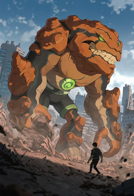 masterpiece, best quality, amazing quality, very aesthetic, absurdres, newest,, detailed background,
movie scene, cinematic scene, cinematic,
gravitack, crooked teeth, 1boy, armor, monster, green eyes, solo, massive arms, big hands, brown skin,
giant, walking through city, side view, foreground blur, depth of blur, destroyed city,