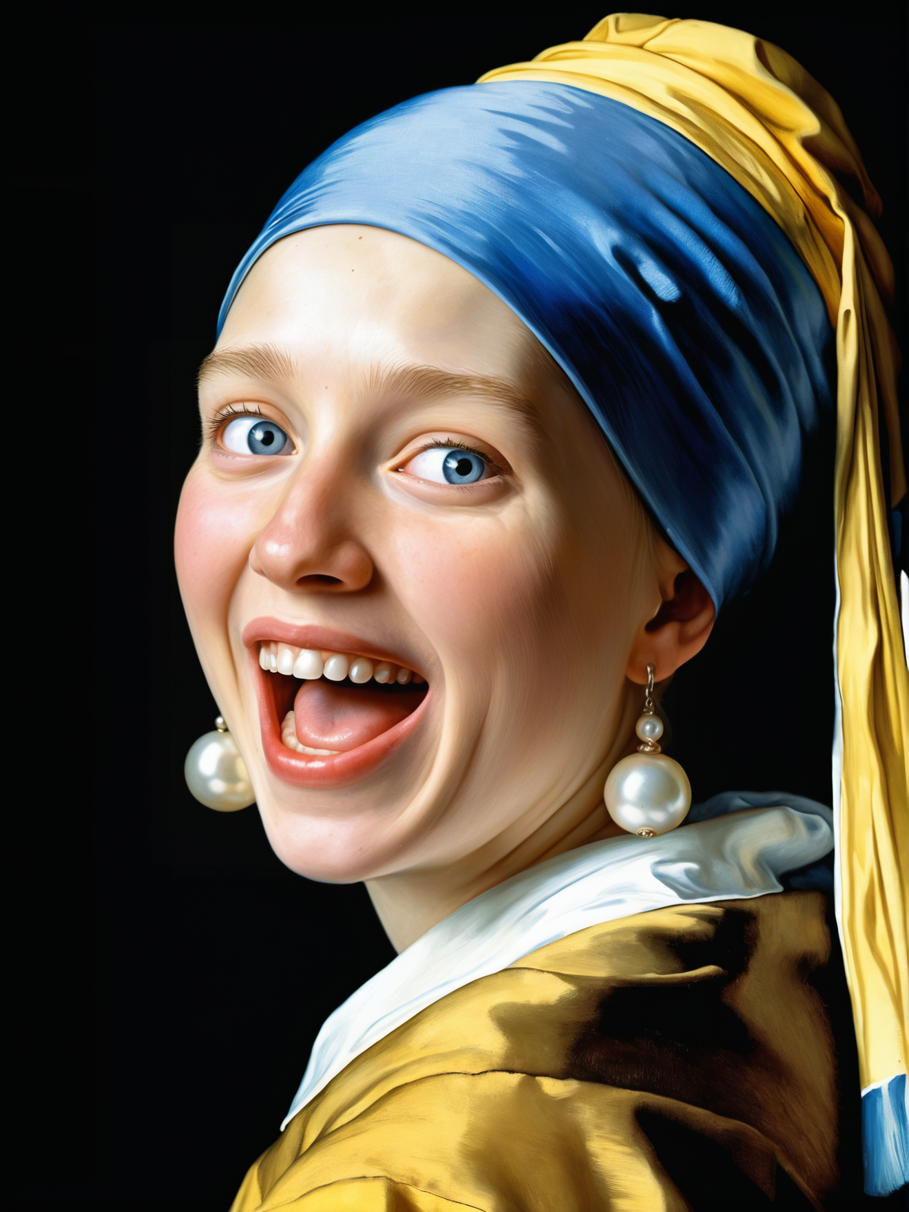 girl with pearl earring with hysterical laughter, by Jan Vermeer