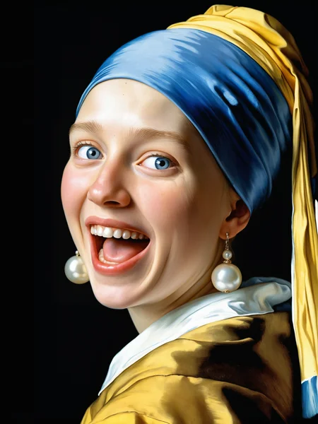 girl with pearl earring with hysterical laughter, by Jan Vermeer