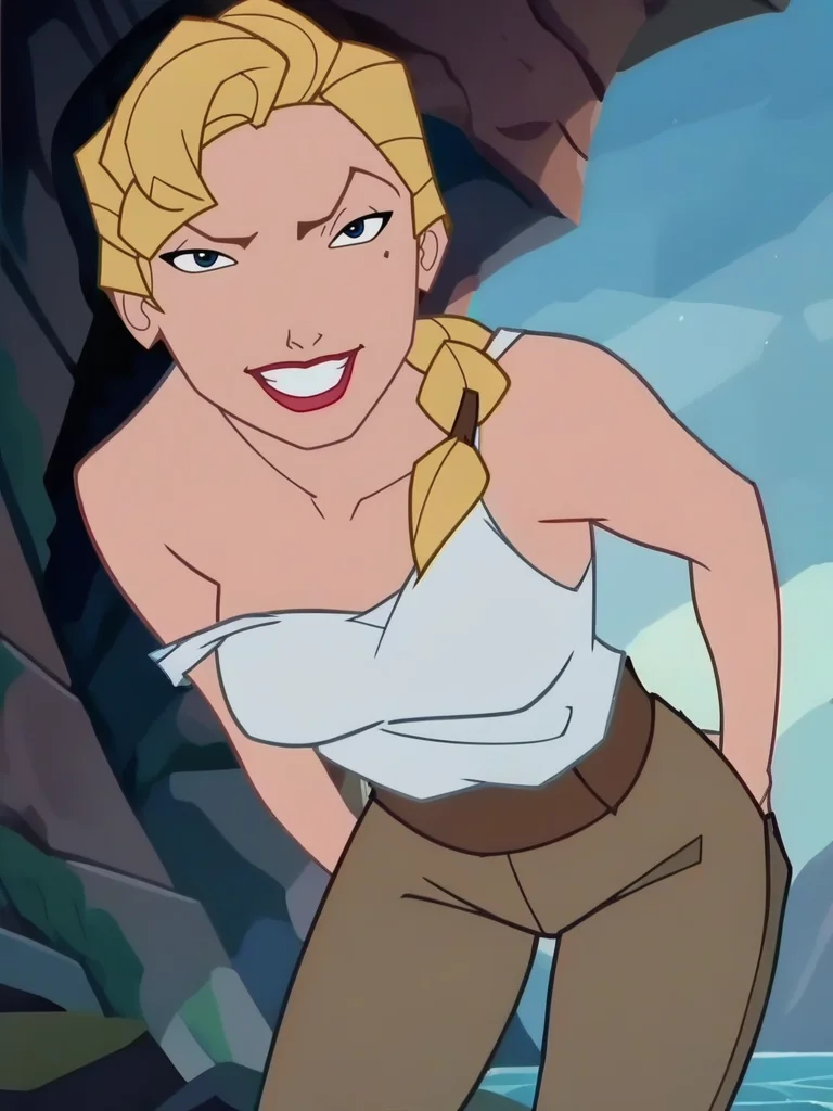 score_9, score_8_up, score_7_up, 1girl, leaning forward, cavern, rocks, water, detailed background, detailed background, smile, looking at viewer, smile, cowboy shot, (dynamic pose:1.1), dynamic angle, striped, undressing, sexually suggestive, from below,
<lora:HelgaSinclair_character:1>,HelgaXLP, blue eyes, blonde hair, single braid, mole under eye, lipstick, white shirt, belt, brown pants, no bra, tank top, anime screencap,
