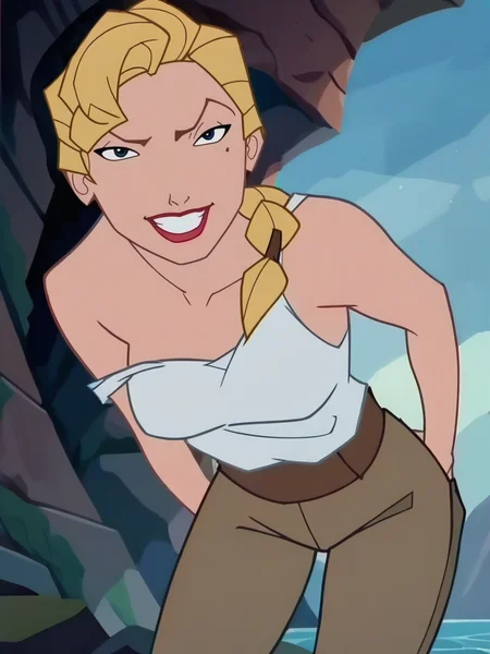 score_9, score_8_up, score_7_up, 1girl, leaning forward, cavern, rocks, water, detailed background, detailed background, smile, looking at viewer, smile, cowboy shot, (dynamic pose:1.1), dynamic angle, striped, undressing, sexually suggestive, from below,
<lora:HelgaSinclair_character:1>,HelgaXLP, blue eyes, blonde hair, single braid, mole under eye, lipstick, white shirt, belt, brown pants, no bra, tank top, anime screencap,