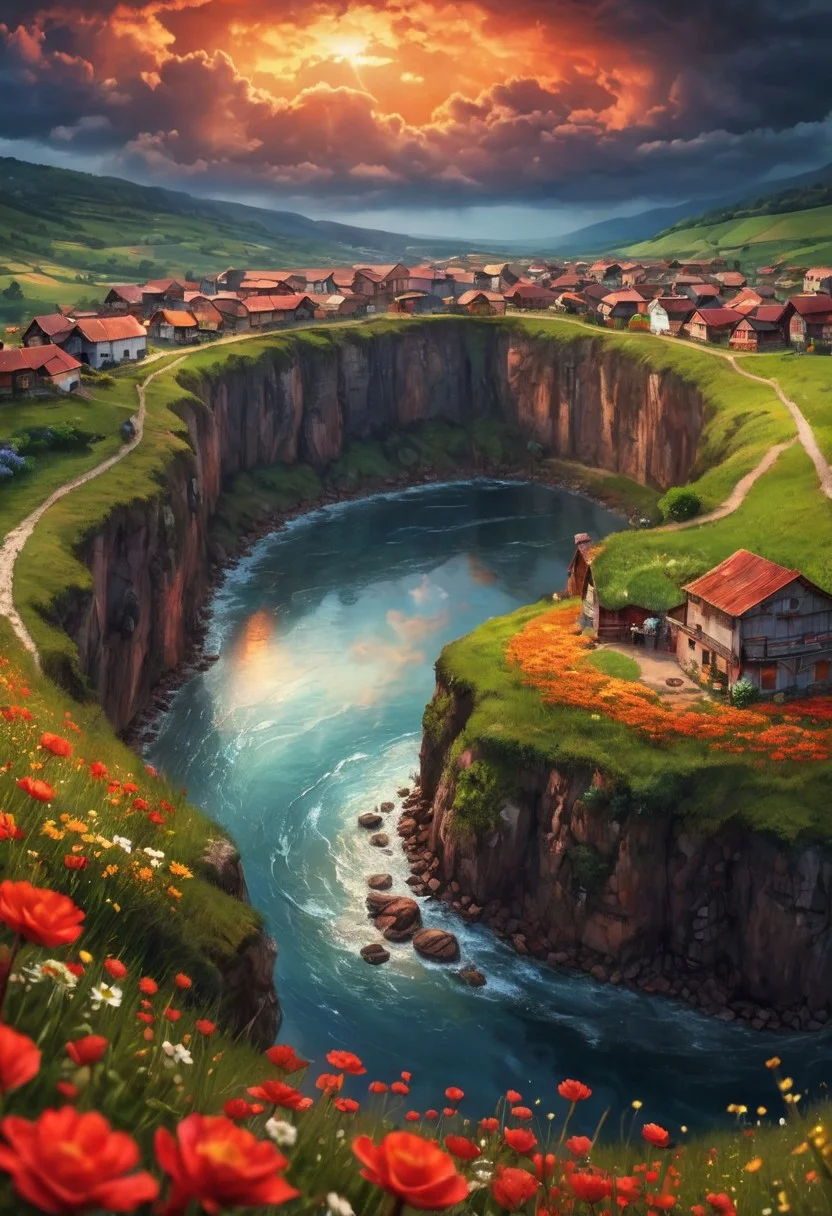 oil matte art, calm relaxing scenery, river, beautiful digital art, DarkFantasy, red glow, panoramic view, rain, wet, small village on the mountain cliff, detailed rocy cliffs, detailed clouds, fisheye lense, flower field, crystal clear, dark clouds in the background, bokeh, OverallDetail, depth of field, detailed art, expressionism,
extremely detailed, UHD,(long exposure )