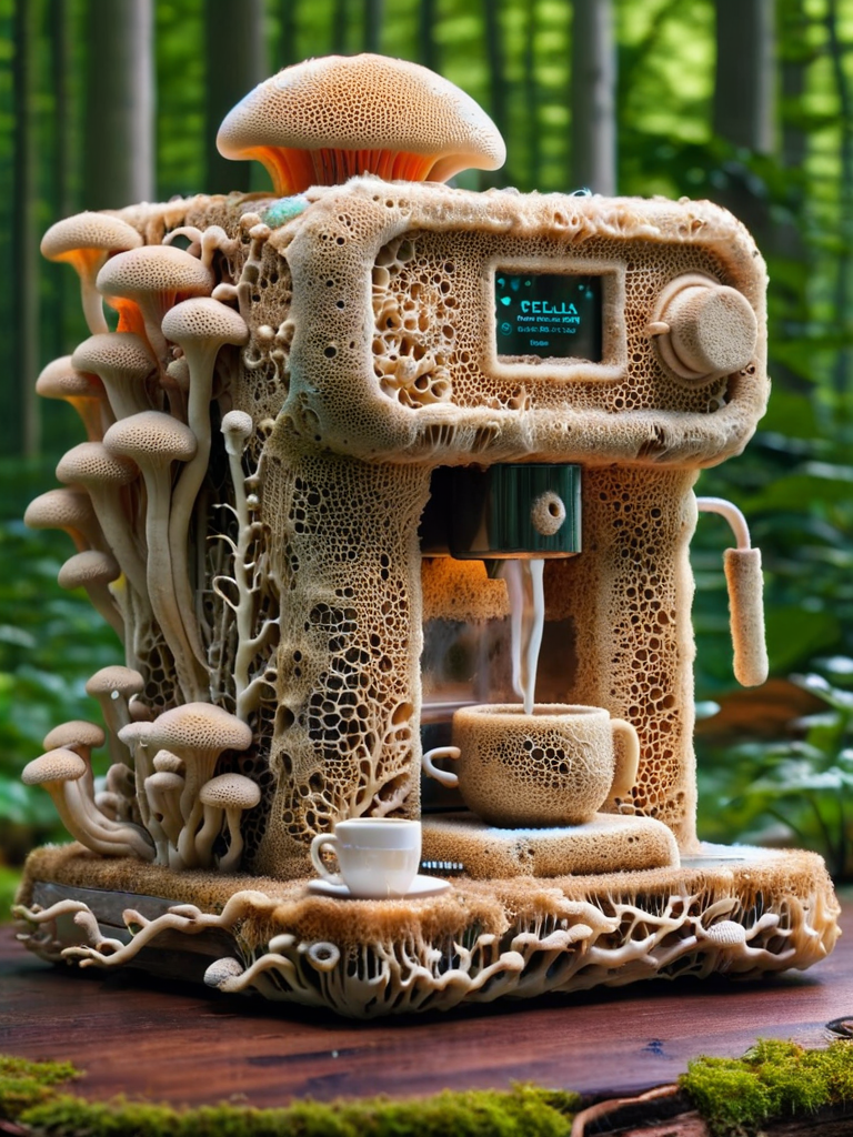 ral-mycelium,tech, scifi, Psychedelic ,Mycelia,spongy, coffee machine <lora:ral-mycelium-sdxl:1>