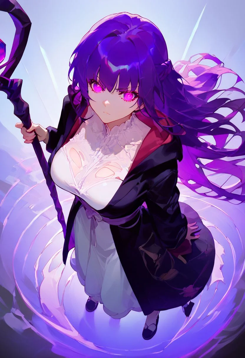 score_9, score_8_up, score_7_up,Expressiveh,(volumetric lighting:1.5),beautiful,perfect face,1girl,large breasts, long hair, purple hair, ferncasual, white dress, long sleeves,holding staff,purple eyes, standing, black robe,(glowing eyes:0.8), shaded face,angry,(full body in frame:1.5), (looking at viewer:1.2), flying, floating, (torn clothes:1.2)