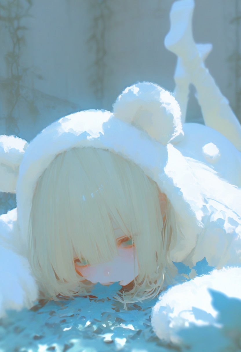 7481llu, NzQ4, masterpiece, best quality, amazing quality, very aesthetic, absurdres, newest, (scenery, volumetric lighting), 8K, depth of field, focused subject, perfect eyes,  painterly, 1girl,white teddy bear costume, blonde, , wall, leaves, vines, the pose,