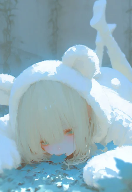 7481llu, NzQ4, masterpiece, best quality, amazing quality, very aesthetic, absurdres, newest, (scenery, volumetric lighting), 8K, depth of field, focused subject, perfect eyes, painterly, 1girl,white teddy bear costume, blonde, , wall, leaves, vines, the pose,