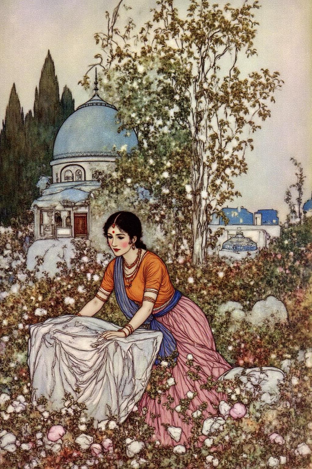 dulac1 illustration. 
A Middle Eastern or Persian woman with dark hair adorned with a red bindi, wearing a vibrant orange top with long sleeves and a pink skirt, accessorized with a blue and white patterned headscarf and bracelets. 
 <lora:dulac2_cap_d6a3e15:1.0><lora:816518805611102031:0>