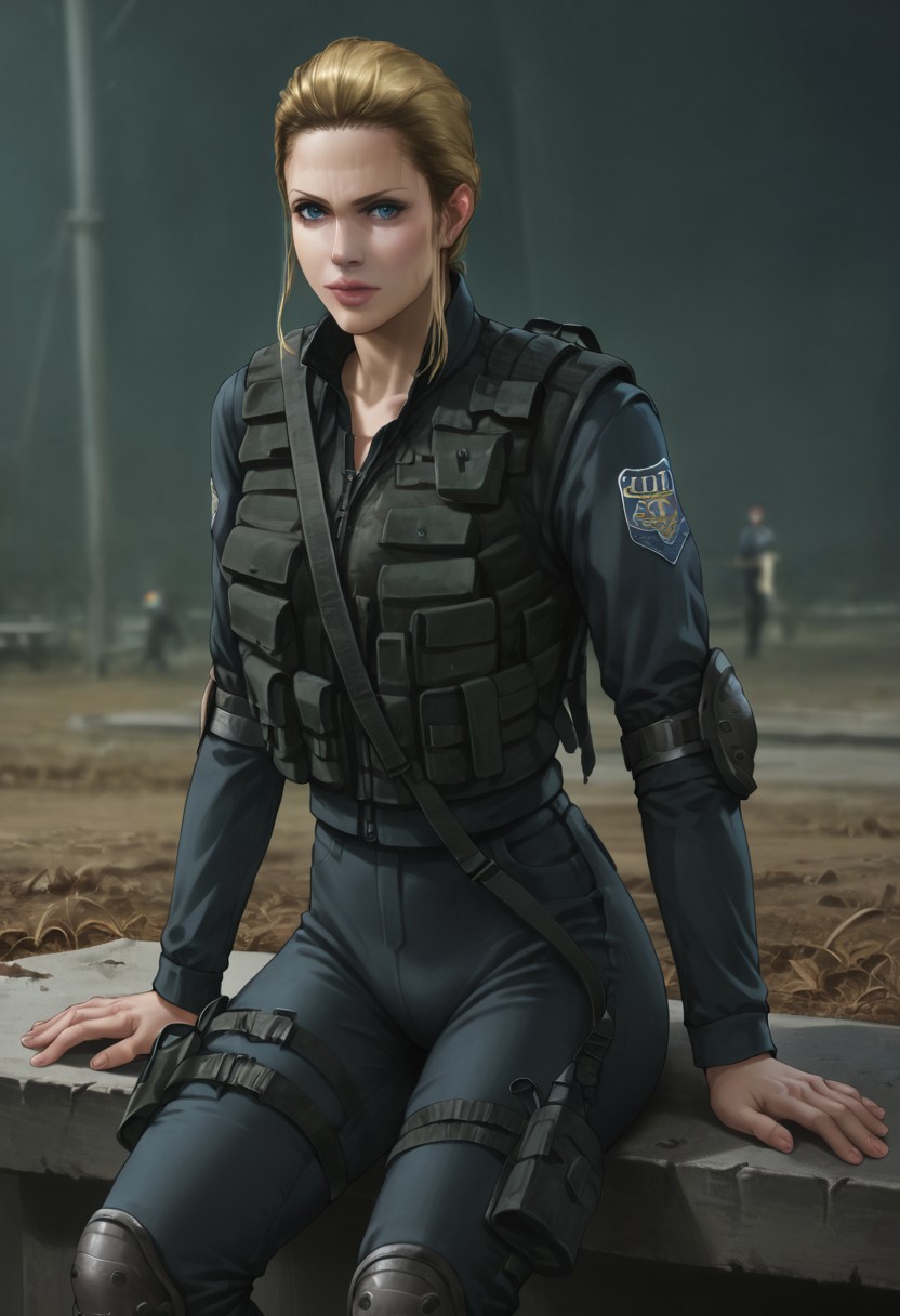 score_9, score_8_up, score_7_up, score_6_up, source_realistic, cowboy shot, BREAK 1girl, Angelamiller, blonde, pulled back hair, ponytail, blue eyes, swat uniform, tactical vest, elbow pads, thigh holster, sitting,