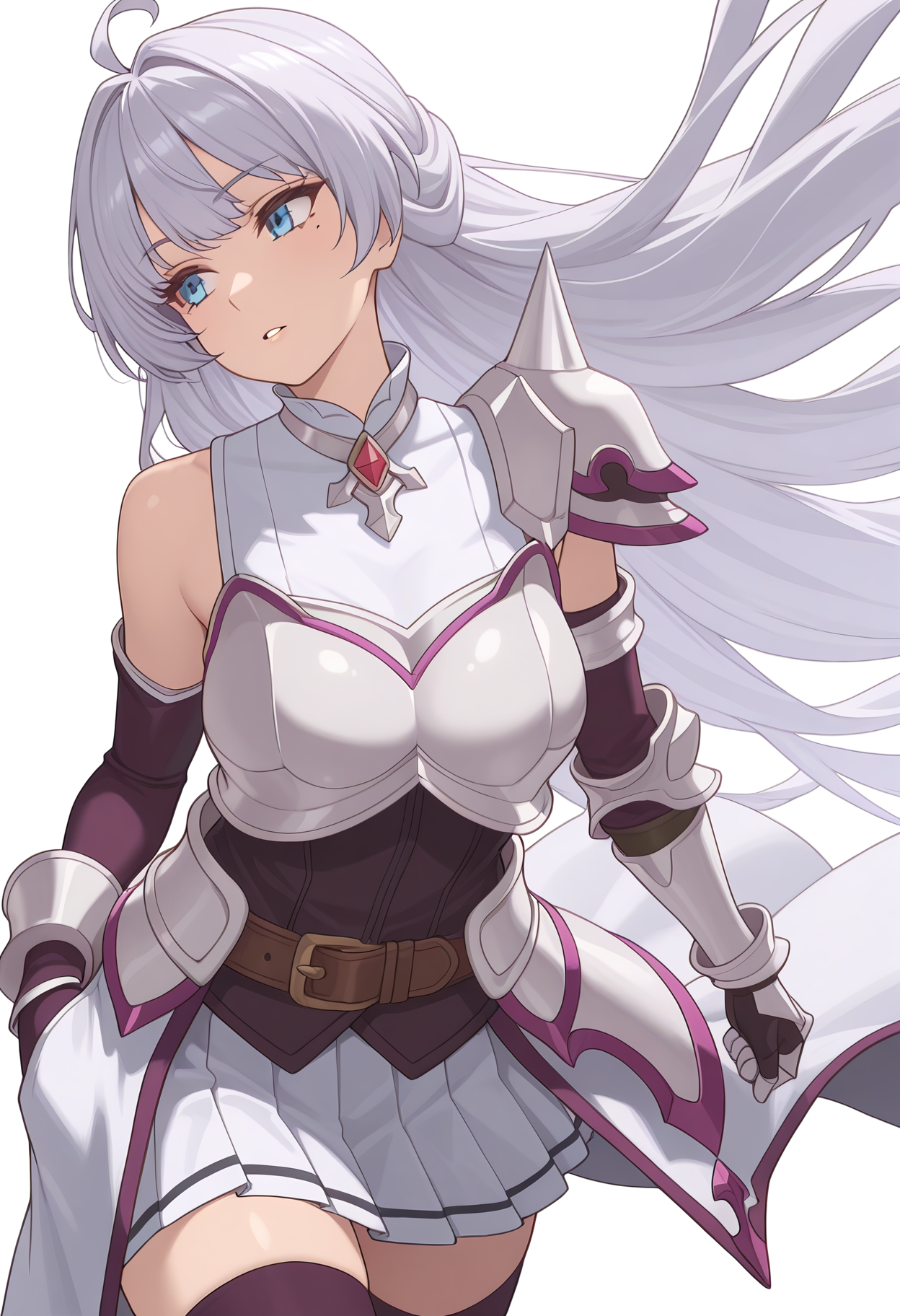 Smooth Quality,masterpiece,very intricate, high quality details, ultra realistic, high detailed skin,detailed enviorement,absurdres,
simple background, white background,
sideways,parted lips,walking pose, one hand in pocket, head slightly turned, casual stride, confident aura,  ,
 <lora:Crylet_Kureha_cnn:0.8>kurehacnn,1girl,bangs, blue eyes, ahoge, mole,  bare shoulders, grey hair, very long hair,armor, skirt, thighhighs, detached sleeves, breastplate, belt, shoulder armor, gauntlets,