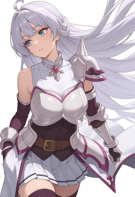 Smooth Quality,masterpiece,very intricate, high quality details, ultra realistic, high detailed skin,detailed enviorement,absurdres,
simple background, white background,
sideways,parted lips,walking pose, one hand in pocket, head slightly turned, casual stride, confident aura, ,
<lora:Crylet_Kureha_cnn:0.8>kurehacnn,1girl,bangs, blue eyes, ahoge, mole, bare shoulders, grey hair, very long hair,armor, skirt, thighhighs, detached sleeves, breastplate, belt, shoulder armor, gauntlets,