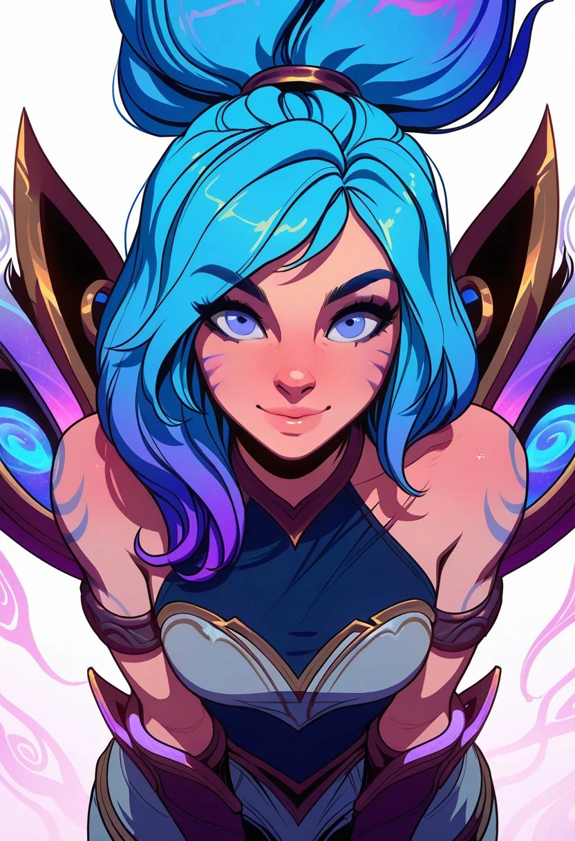 Artist : Tsuaii, Artist : Incase, flat colors, high detailed, high quality, masterpiece, 
1girl, upper body, (white background), dynamic lighting, standing, looking at viewer, cowboy shot, 
eye reflection, smile, (Janna league of legends:2),