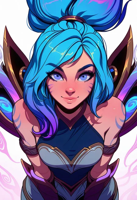 Artist : Tsuaii, Artist : Incase, flat colors, high detailed, high quality, masterpiece,
1girl, upper body, (white background), dynamic lighting, standing, looking at viewer, cowboy shot,
eye reflection, smile, (Janna league of legends:2),