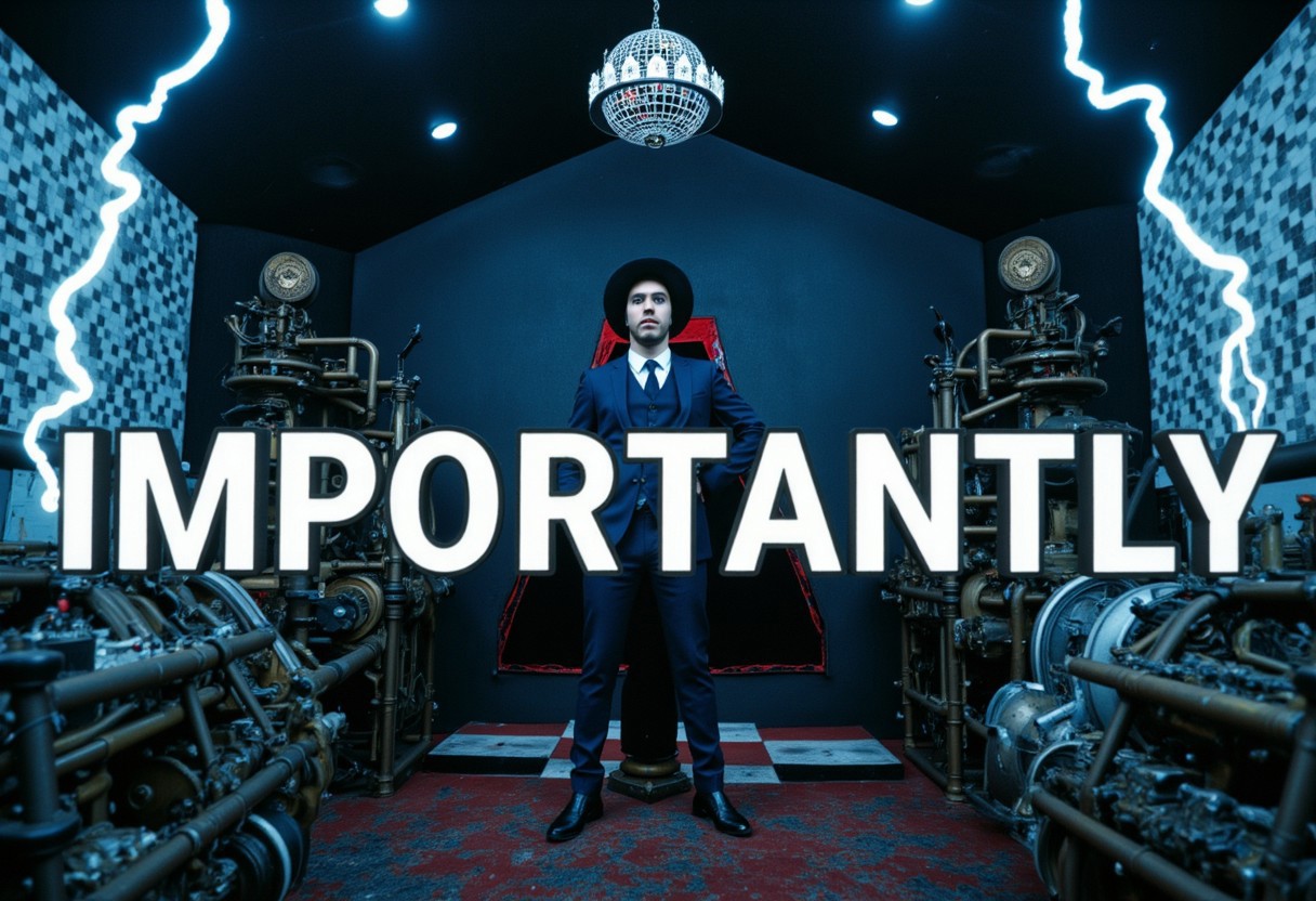 the words 'IMPORTANTLY' written in large font fills the front of frame. In the back of frame weird man with in a dark room with checkerboard blue lotus PEOPLE ARE trapped inside machinery, people crushed inside mechanical gears, high gore arms crushed and bent, signs of wailing, people in business suits trapped in machinery. floors with blood on the ground with a white interior cyber tech electricity electical circuits illuminati symbols with brains and vaginas with high technology alchemical background lightning bolts
