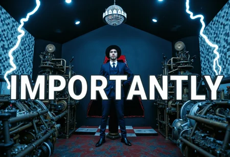 the words 'IMPORTANTLY' written in large font fills the front of frame. In the back of frame weird man with in a dark room with checkerboard blue lotus PEOPLE ARE trapped inside machinery, people crushed inside mechanical gears, high gore arms crushed and bent, signs of wailing, people in business suits trapped in machinery. floors with blood on the ground with a white interior cyber tech electricity electical circuits illuminati symbols with brains and vaginas with high technology alchemical background lightning bolts
