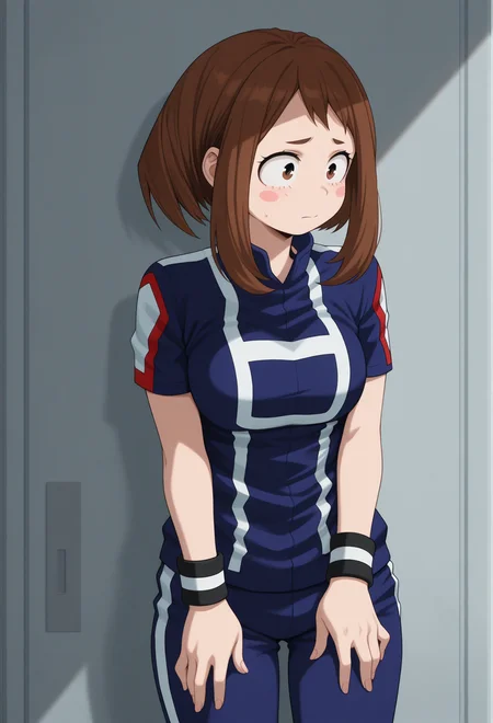 masterpiece, best quality, amazing quality, 1girl, solo, <lora:Illuraraka:1> illuraraka, brown hair, short hair, blush stickers, brown eyes, blue track pants, wristband, sportswear, short sleeves, u.a. gym uniform,