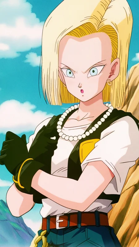 source_anime, masterpiece, best quality, amazing quality, anime screencap, high quality, 8k, absurdres, official style, 1girl, solo, looking at viewer, :o, surprised, upper body, <lora:Android_18_Z_iL:1>, 4ndr01d 18, blue eyes, blonde hair, short hair, late cell saga, black vest, white undershirt, jewelry, earrings, gloves, black gloves, belt, denim, jeans, bead necklace, pearl necklace