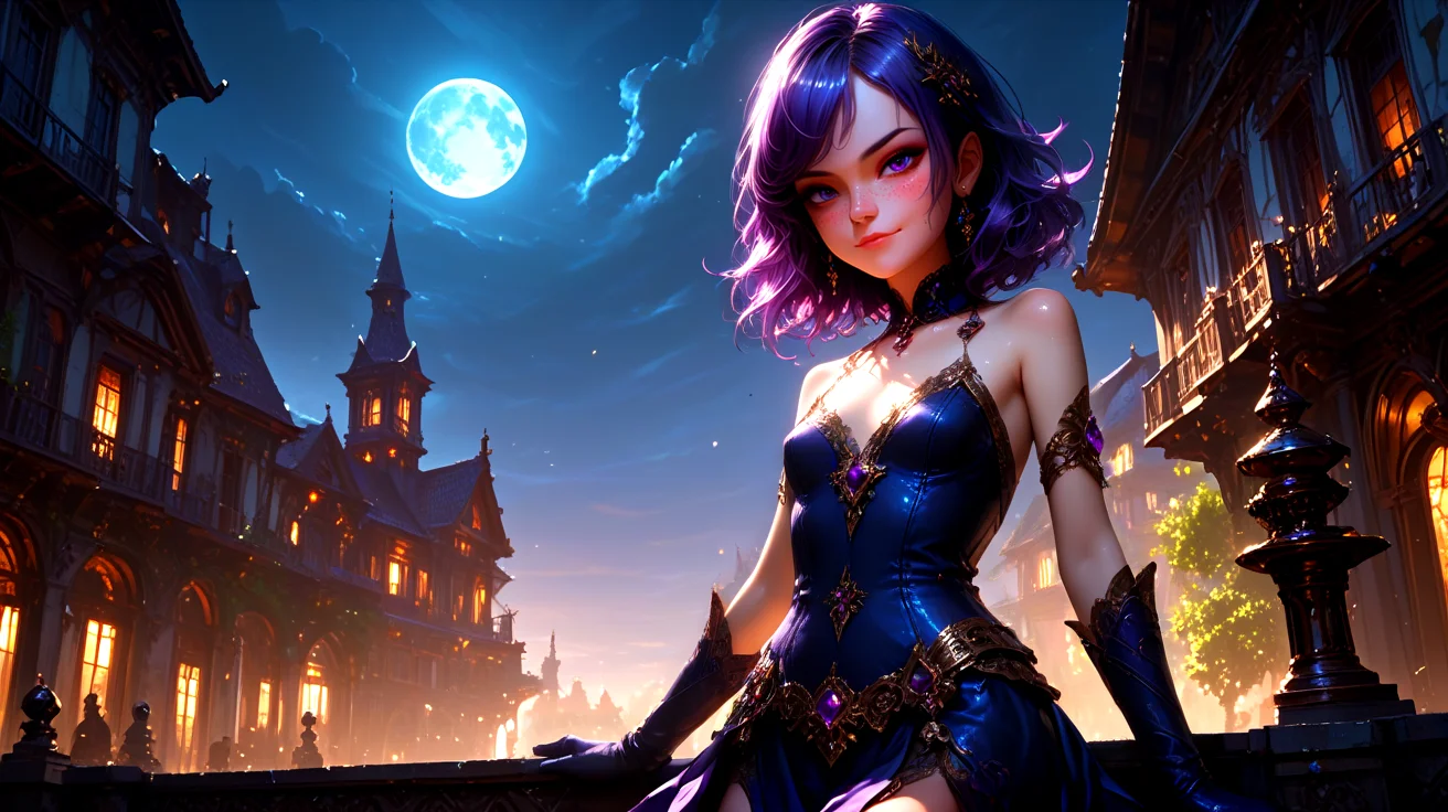 <lora:Fjola-000007:0.5>, Fjola, purple hair, purple eyes, facing viewer, small breasts, gloves, boots, closed mouth smirk,
outside, on the top of a building at night,
1 girl, cute, (petite), (red lips:0.8), sultry look, seductive,
(Full body shot:0.7),
<lora:detailed_notrigger:1>,
PonyScores7,
<lora:MythP0rtr4itStyle:0.4> mythp0rt,
epic beautiful lighting, god rays, moonlight beams, volumetric lighting, rim lighting, nighttime scene, blue moon,
masterpiece, beautiful and detailed brightness, (goosebumps:0.5), subsurface scattering, ultra realistic, textured skin, visible skin detail, skin fuzz